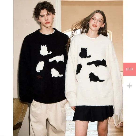 NARTALIY Gray Black Cat Mohair Sweater Unisex American Retro Loose Fit Size XS. - Picture 12 of 12